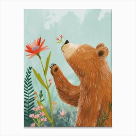 Brown Bear Sniffing A Flower Storybook Illustration 2 Canvas Print