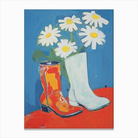 A Painting Of Cowboy Boots With Daisies Flowers, Pop Art Style 8 Canvas Print