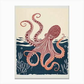 Red Octopus Linocut With The Seaweed Canvas Print