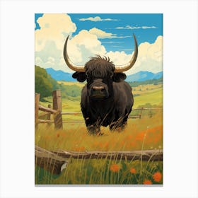Black Highland Bull By Wooden Fence In The Highlands Canvas Print