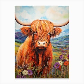 Illustration Of Highland Cow With Wildflowers 4 Canvas Print