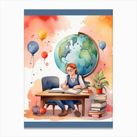 Watercolor Of A Girl At School Canvas Print