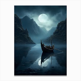 Viking Boat In The Moonlight Canvas Print