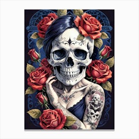 Sugar Skull Girl With Roses Painting (32) Canvas Print