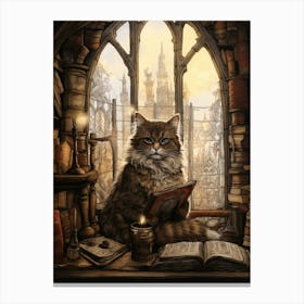 Illustration Of Cat In Medieval Library Canvas Print