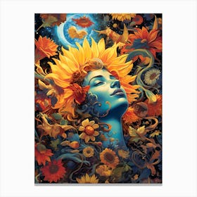 Woman With Sunflowers On Her Head 8 Canvas Print