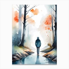 Watercolor Of A Man Walking In The Forest Canvas Print