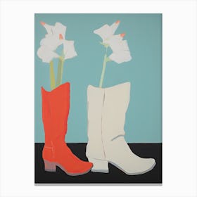 A Painting Of Cowboy Boots With White Flowers, Pop Art Style 8 Canvas Print