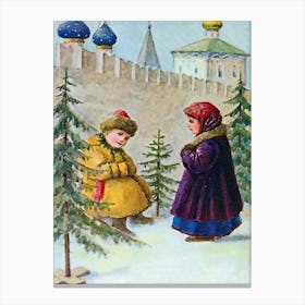 Boy And Girl With Christmas Trees Under Kremlin Walls, Russian Vintage Holiday Poster Canvas Print