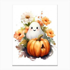 Cute Ghost With Pumpkins Halloween Watercolour 72 Canvas Print