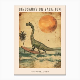 Vintage Brontosaurus Dinosaur On A Surf Board 3 Poster Canvas Print