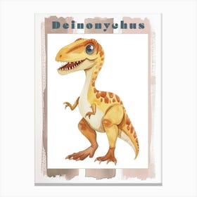 Cute Cartoon Deinonychus Dinosaur Watercolour 2 Poster Canvas Print