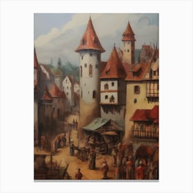 Vintage Castle & Village Fair Oil Painting Canvas Print