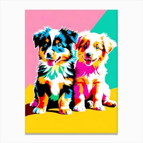 'Australian Shepherd Pups' , This Contemporary art brings POP Art and Flat Vector Art Together, Colorful, Home Decor, Kids Room Decor,  Animal Art, Puppy Bank - 6th Canvas Print
