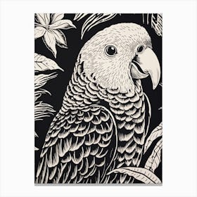 B&W Bird Linocut Parrot 2 Canvas Print