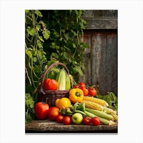 Assorted Vegetables And Fruits From A Fresh Farm Harvest Arranged In A Rustic Wicker Basket Overfl (3) Canvas Print