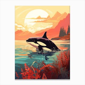 Orca Whale Orange Modern Drawing At Sunset Canvas Print