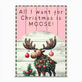 Cute Christmas Moose Pink Canvas Print