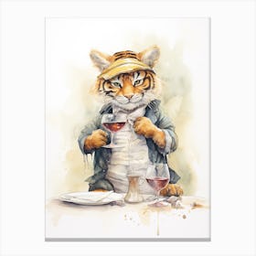 Tiger Illustration Tasting Wine Watercolour 2 Canvas Print
