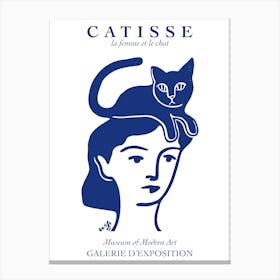 Matisse Catisse Woman With Cat Blue Fun Blue Line Art Face Canvas Print