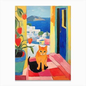 Painting Of A Cat In Santorini Greece 2 Canvas Print
