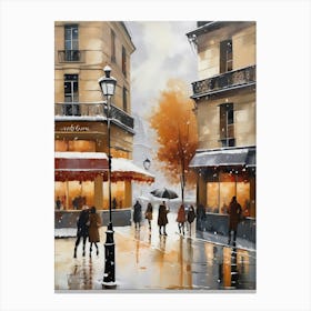 Paris cafes, winter season, Christmas, autumn oil colors, pale colors, pedestrians in the street, winter clothes, falling snow.7 1 Canvas Print