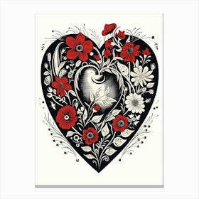 Heart Red & Black Linocut Style White Background 4 Canvas Print