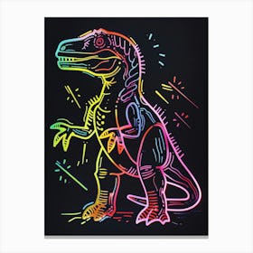 Neon Rainbow Dinosaur Line Illustration With Black Background 3 Canvas Print