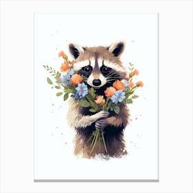 Raccoon Cute Illustration With Flowers 1 Canvas Print