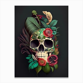 Sugar Skull Day Of The Dead Inspired Skull 1 Botanical Canvas Print