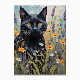 Black Cat Amongst the Wildflowers - Oil and Palette Knife Painting of A Beautiful Black Cat Sitting Among the Summer Flowers - Kitty, Cat Lady, Pagan, Feature Wall, Witch, Fairytale Tarot Bastet Colorful Painting in HD Canvas Print