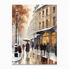 Paris cafes, winter season, Christmas, autumn oil colors, pale colors, pedestrians in the street, winter clothes, falling snow.Christmas decorations.17 Canvas Print