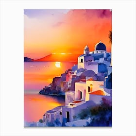 Santorini Greece Water Colour Sunset 3 Canvas Print