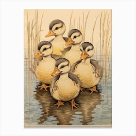Sweet Ducklings Japanese Woodblock Style 4 Canvas Print