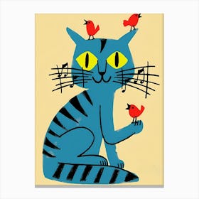 Blue Cat With Birds Canvas Print