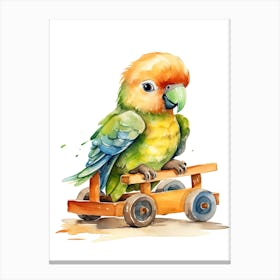 Baby Parrot On A Toy Car, Watercolour Nursery 1 Canvas Print