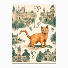 Ginger Cat With Forest Green Castles Canvas Print
