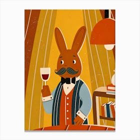 Hare Rabbit With Moustache and Glass Of Wine Canvas Print