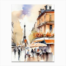 Paris city, passersby, cafes, apricot atmosphere, watercolors.12 Canvas Print