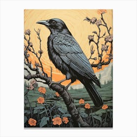 Vintage Bird Linocut Raven 4 Canvas Print