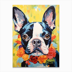 Boston Terrier Portrait With A Flower Crown, Matisse Painting Style 4 Canvas Print