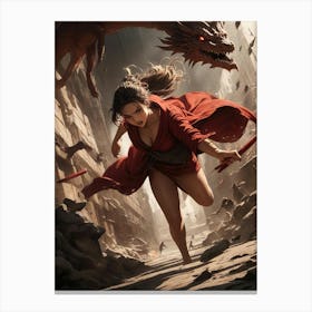 Anime - Gorgeous girl running chased by dragons. Canvas Print