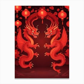 Two Red Dragons With Lanterns Facing Each Other Canvas Print