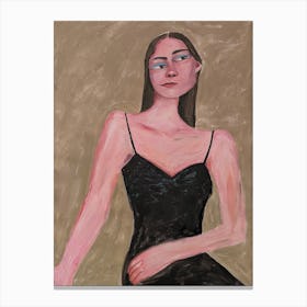 A woman in a black dress on a beige background Canvas Print