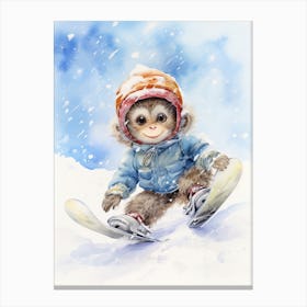 Monkey Painting Snow Boarding Watercolour 1 Canvas Print