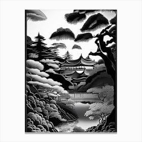 Adachi Museum Of Art, Japan Linocut Black And White Vintage Canvas Print