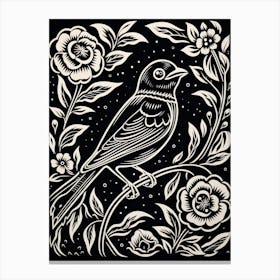 B&W Bird Linocut Finch 1 Canvas Print
