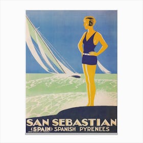 San Sebastian, Spain Vintage Travel Poster, Woman in Swimwear Canvas Print
