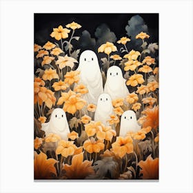 Cute Bedsheet Ghost, Botanical Halloween Watercolour 159 Canvas Print