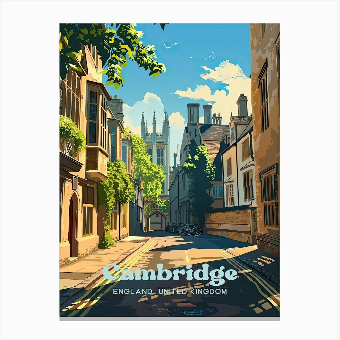 Cambridge England Streetview Digital Travel Illustration Stampe su tela